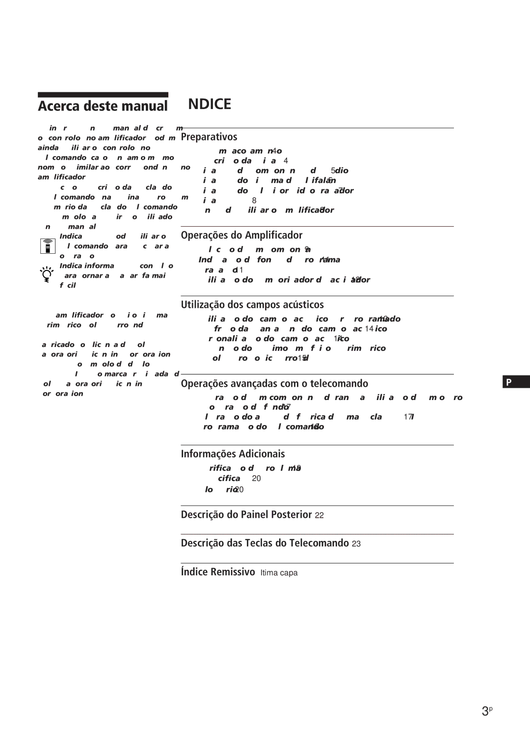 Sony TA-VE700 Acerca deste manual, Operações do Amplificador, Utilização dos campos acústicos, Informações Adicionais 