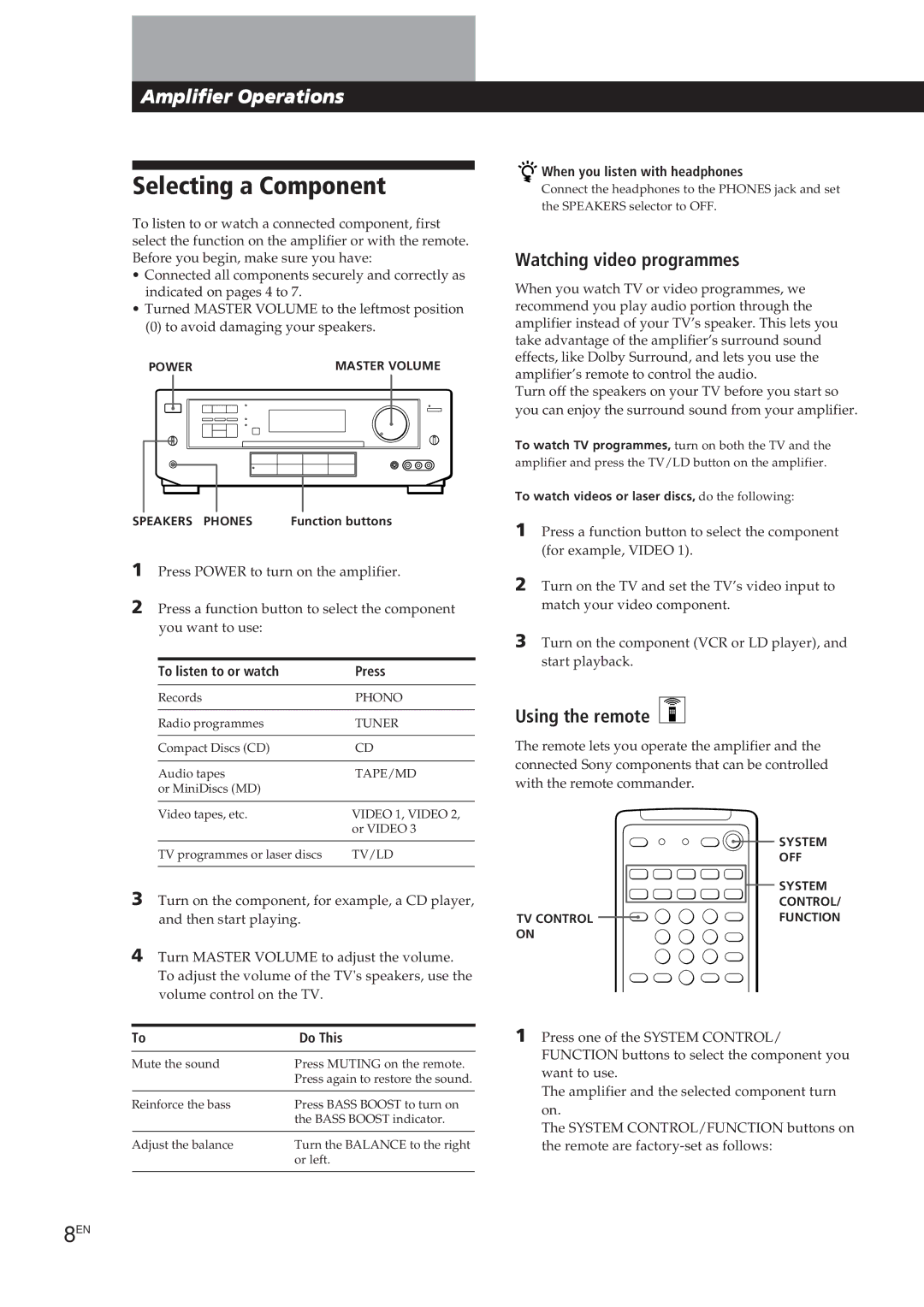 Sony TA-VE700 manual Selecting a Component, Amplifier Operations, Watching video programmes, Using the remote 