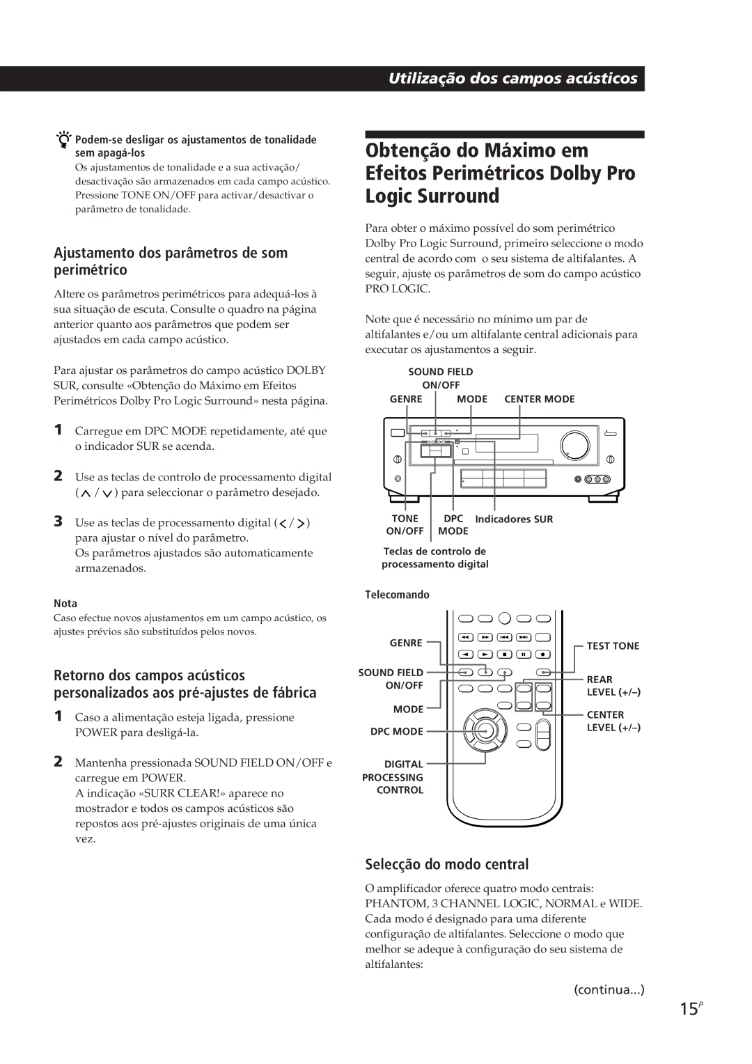 Sony TA-VE700 manual 15P, Ajustamento dos parâmetros de som perimétrico, Selecção do modo central, Telecomando 