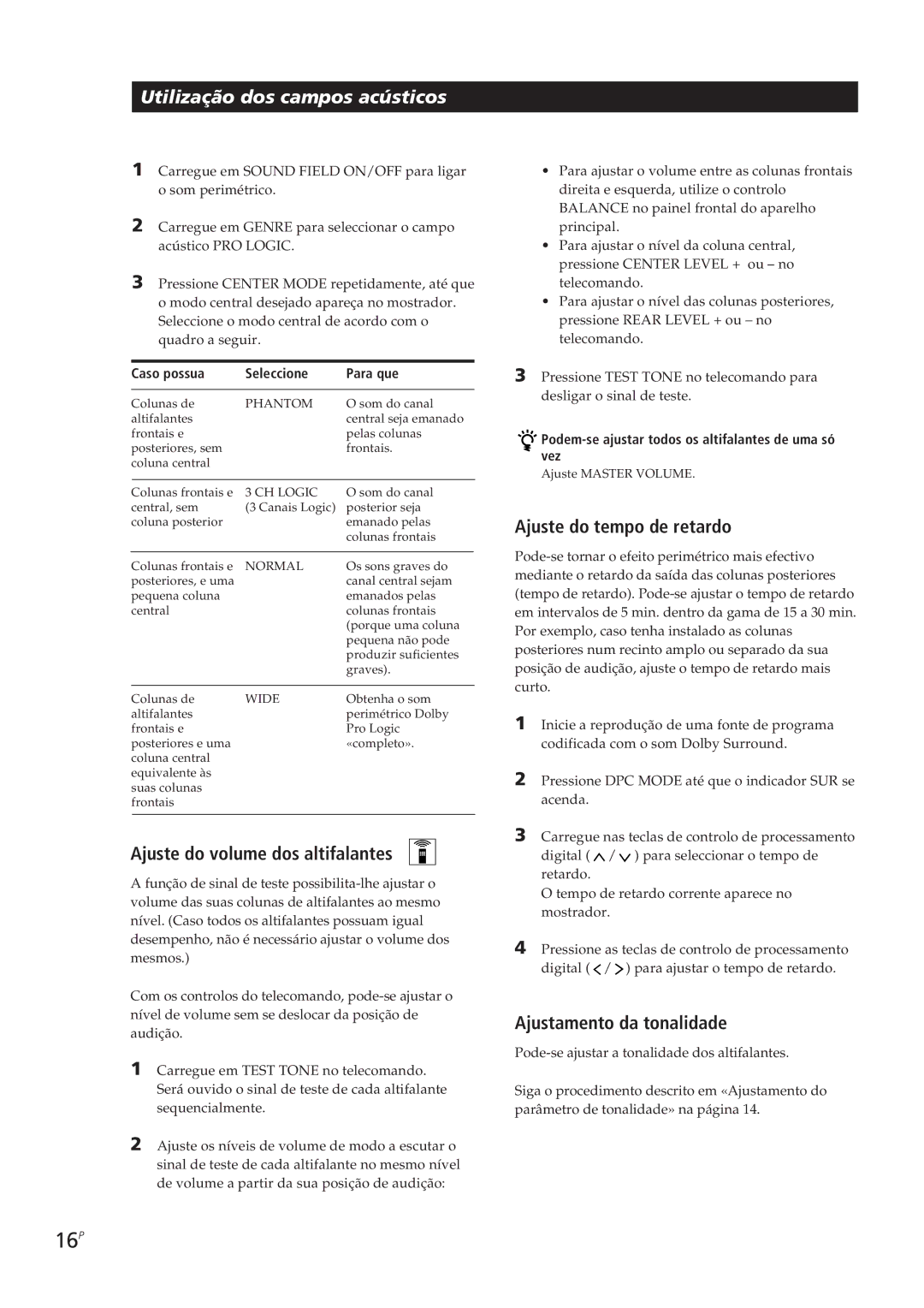 Sony TA-VE700 manual 16P, Ajuste do volume dos altifalantes, Ajuste do tempo de retardo, Ajustamento da tonalidade 