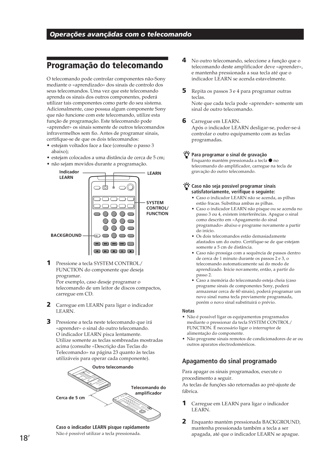 Sony TA-VE700 manual Programação do telecomando, 18P, Apagamento do sinal programado, Para programar o sinal de gravação 