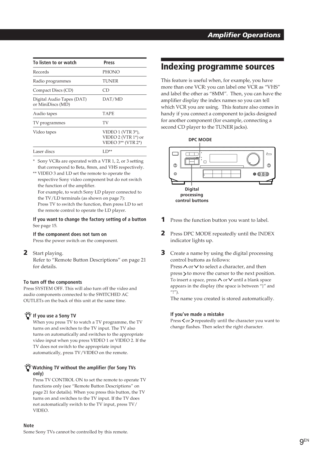 Sony TA-VE700 manual Indexing programme sources 