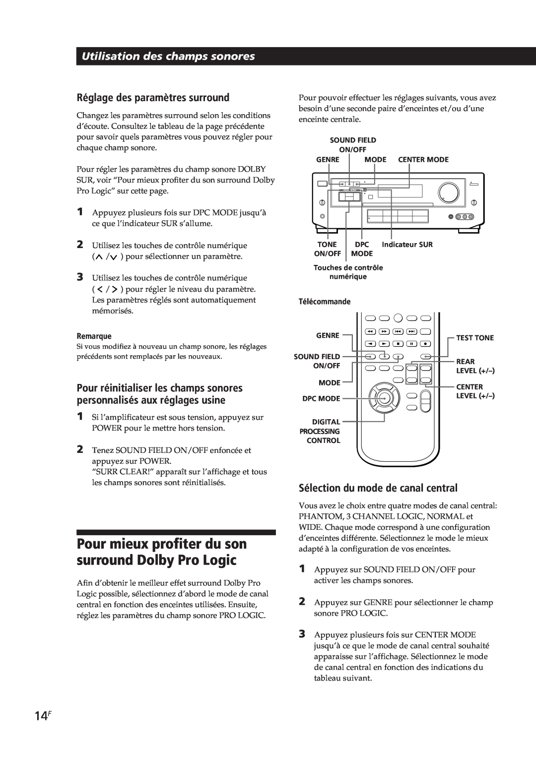 Sony TA-VE700 manual Utilisation des champs sonores, Réglage des paramètres surround, Sélection du mode de canal central 