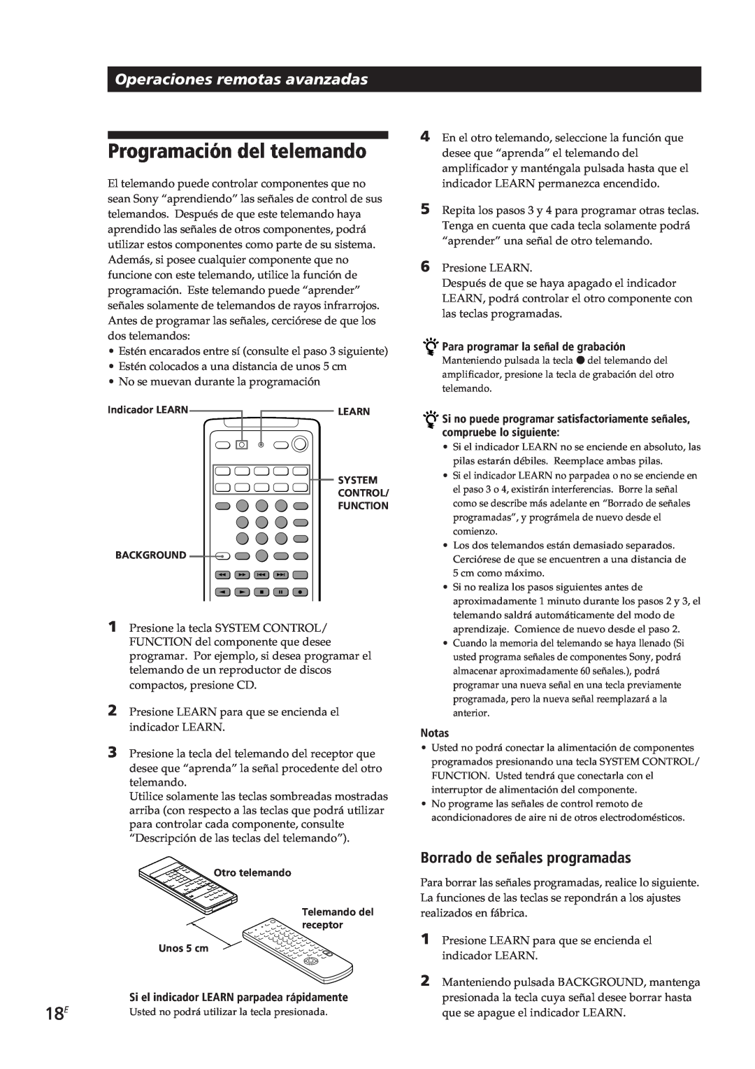 Sony TA-VE700 manual Programación del telemando, Operaciones remotas avanzadas, Borrado de señales programadas, Notas 
