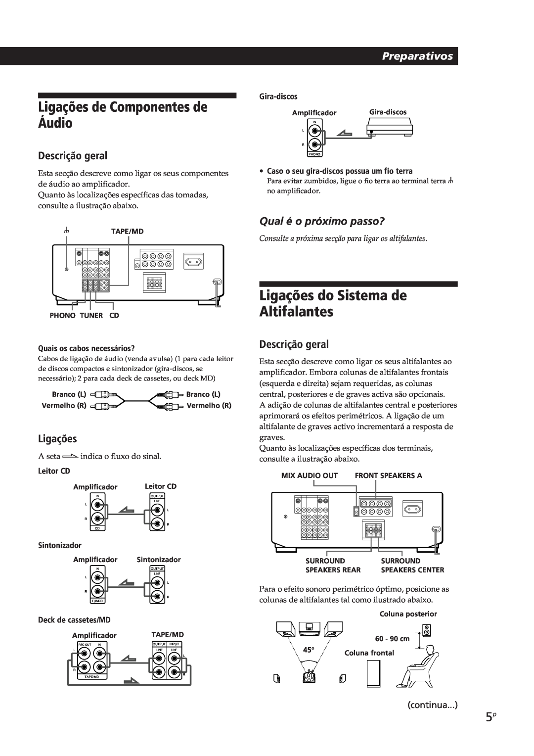 Sony TA-VE700 manual Ligações de Componentes de Áudio, Ligações do Sistema de Altifalantes, Descrição geral, Preparativos 