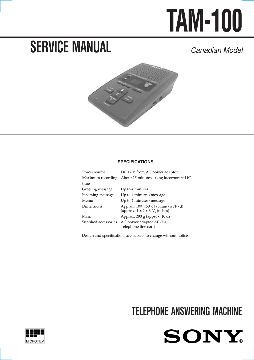 Sony TAM-100 specifications Specifications 