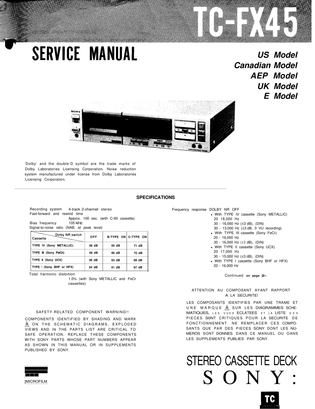 Sony TC-FX45 specifications N Y 