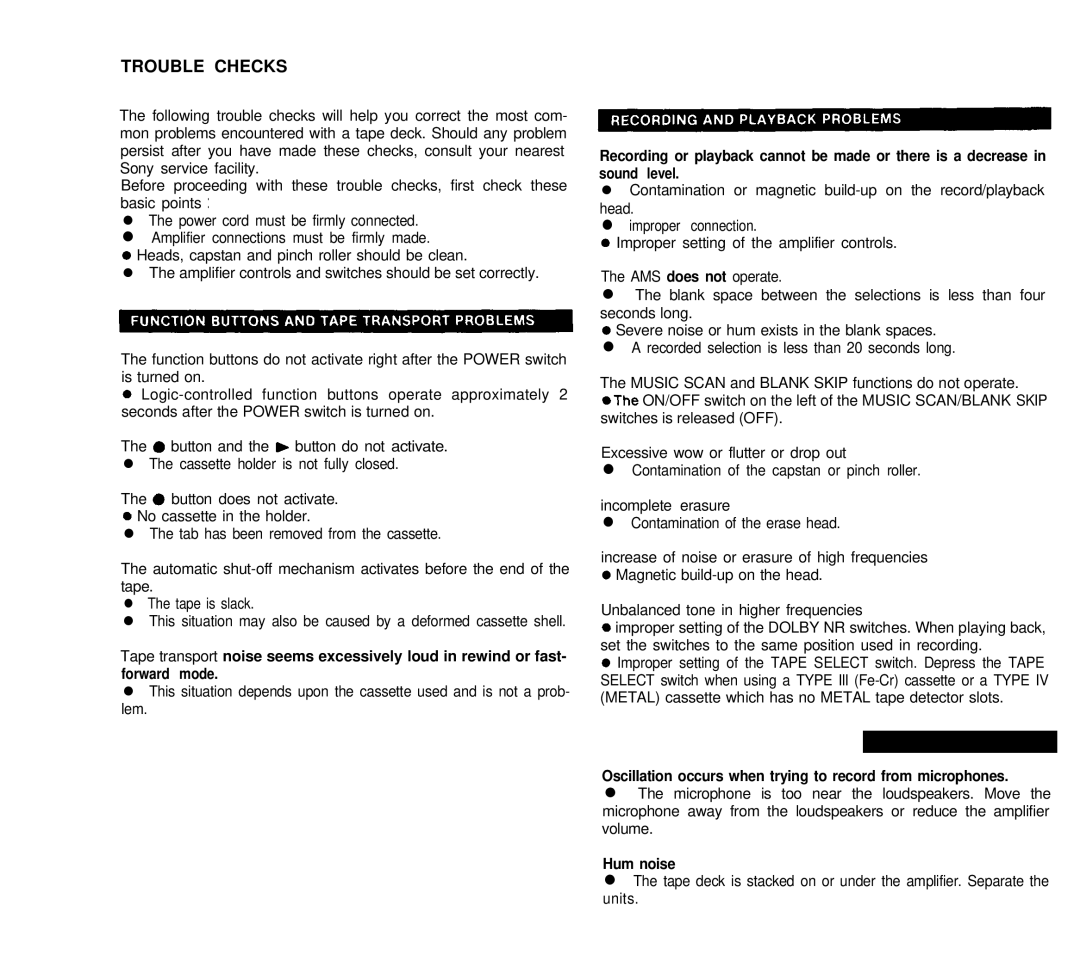 Sony TC-FX45 specifications Trouble Checks 