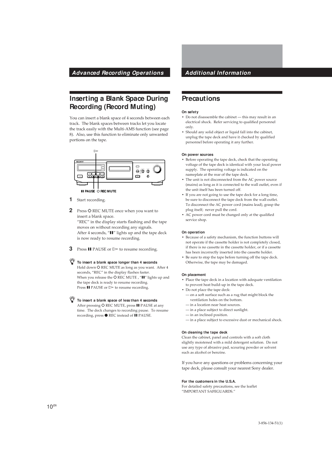 Sony TC-KE300 operating instructions Precautions 