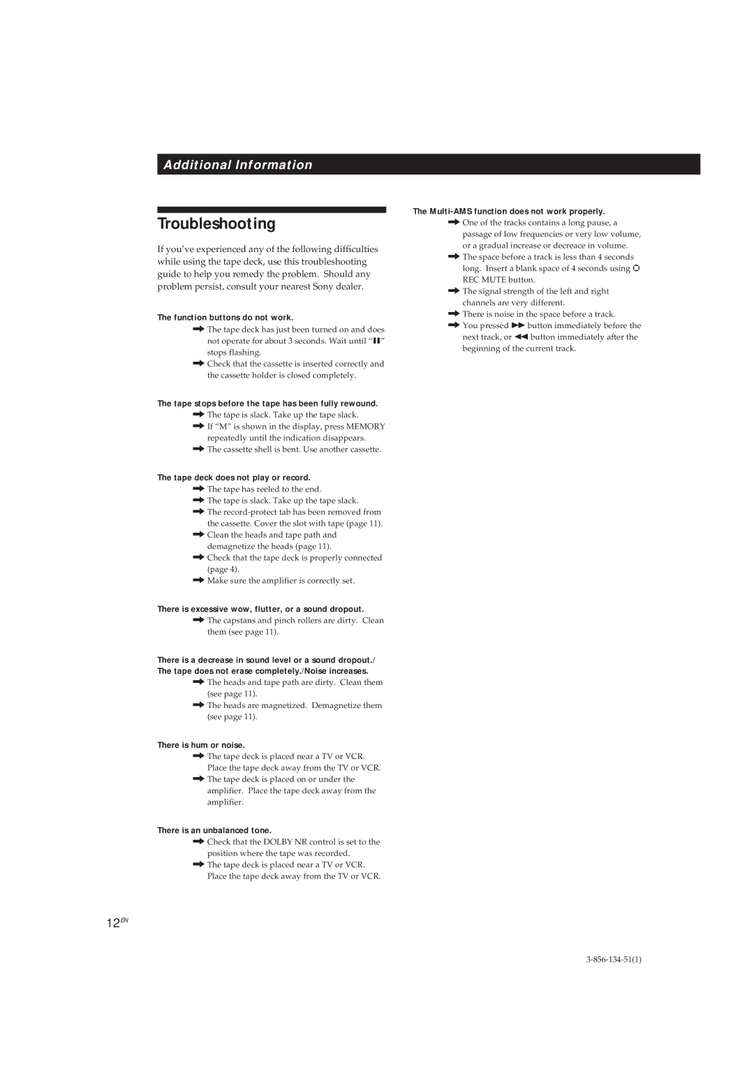 Sony TC-KE300 operating instructions Troubleshooting 