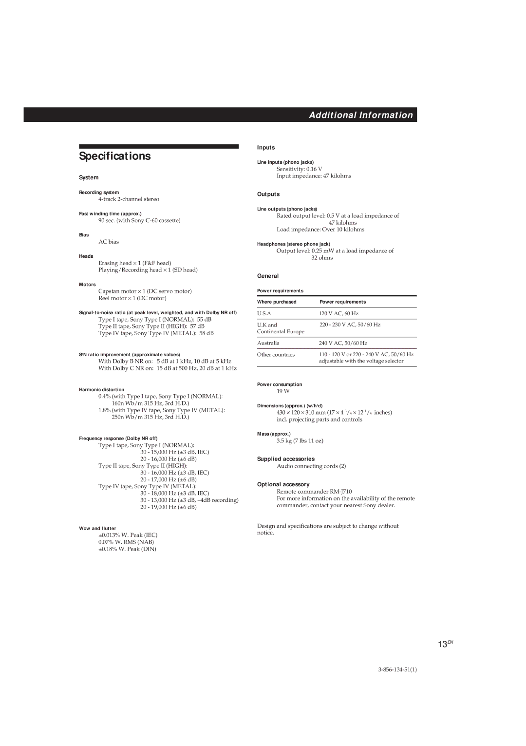 Sony TC-KE300 operating instructions Specifications 