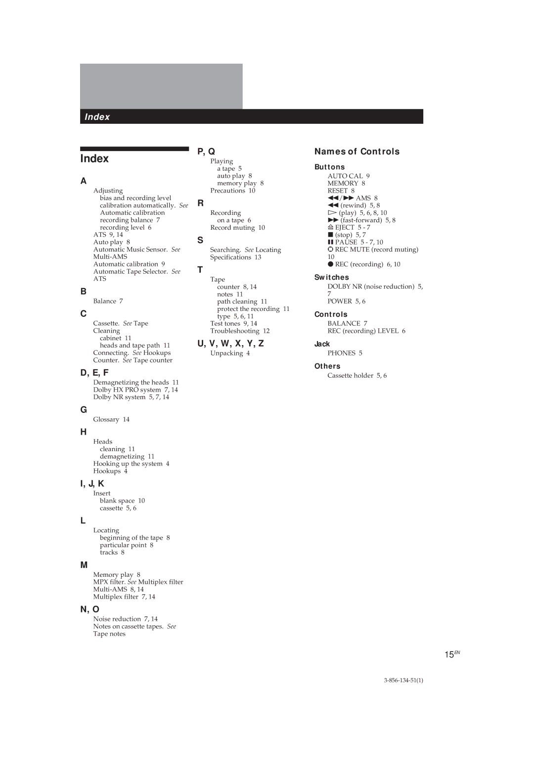 Sony TC-KE300 operating instructions Index, W, X, Y, Z, Names of Controls 