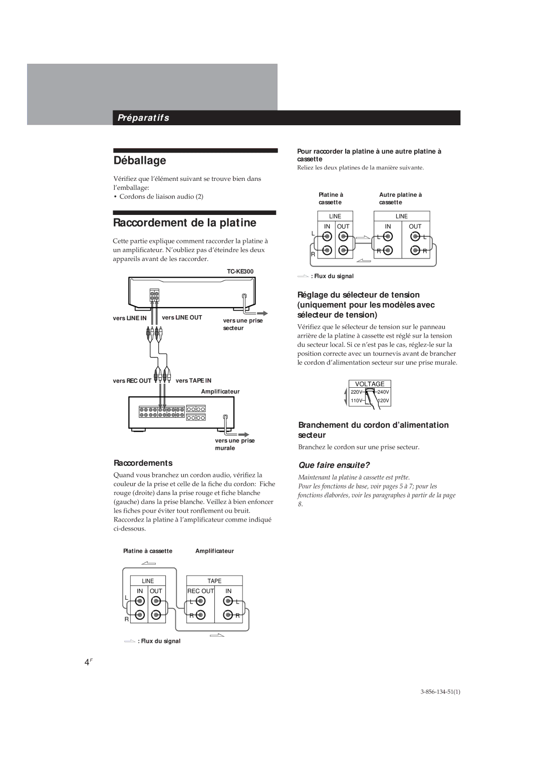 Sony TC-KE300 Déballage, Raccordement de la platine, Pour raccorder la platine à une autre platine à cassette 