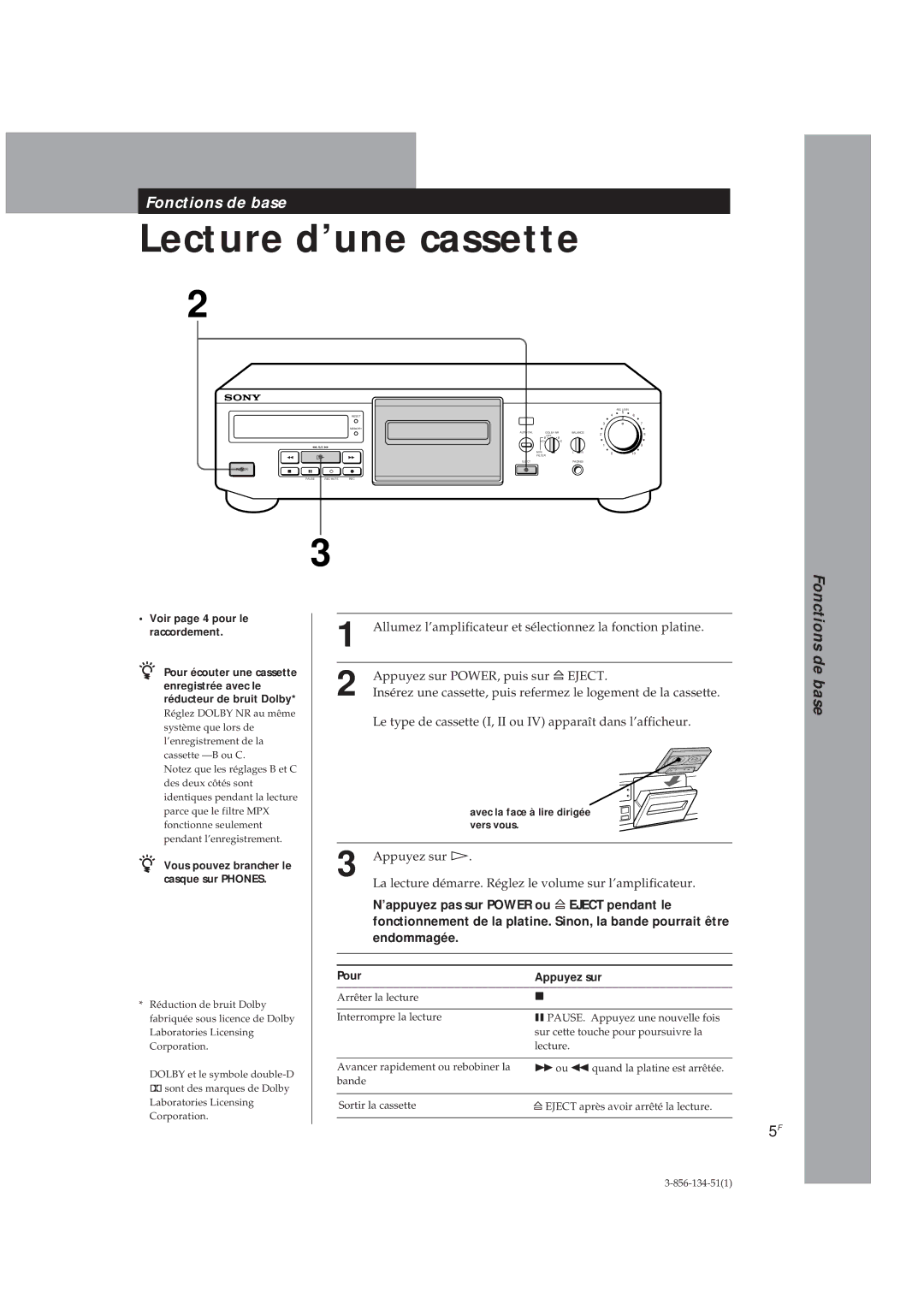 Sony TC-KE300 operating instructions Lecture d’une cassette, Pour Appuyez sur 