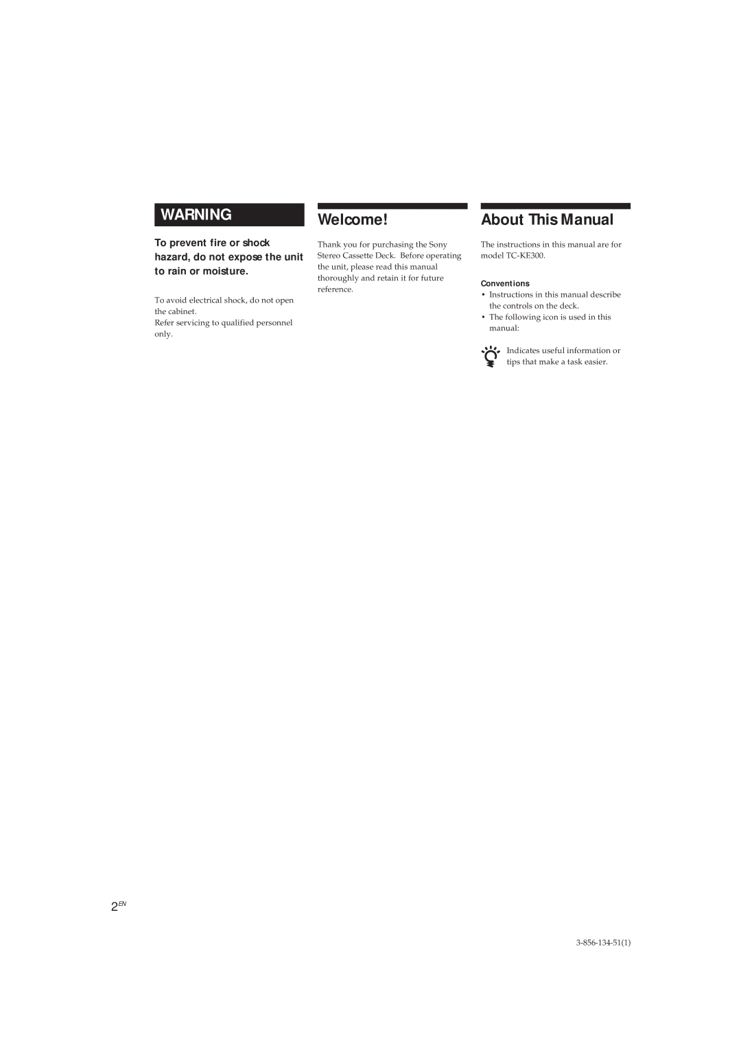 Sony TC-KE300 operating instructions Welcome, About This Manual, Conventions 