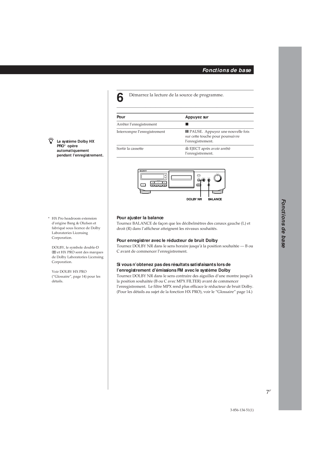 Sony TC-KE300 operating instructions Pour ajuster la balance, Pour enregistrer avec le réducteur de bruit Dolby 