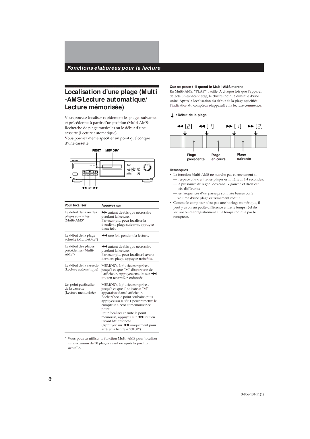 Sony TC-KE300 operating instructions Pour localiser Appuyez sur, Que se passe-t-il quand le Multi-AMS marche, Remarques 