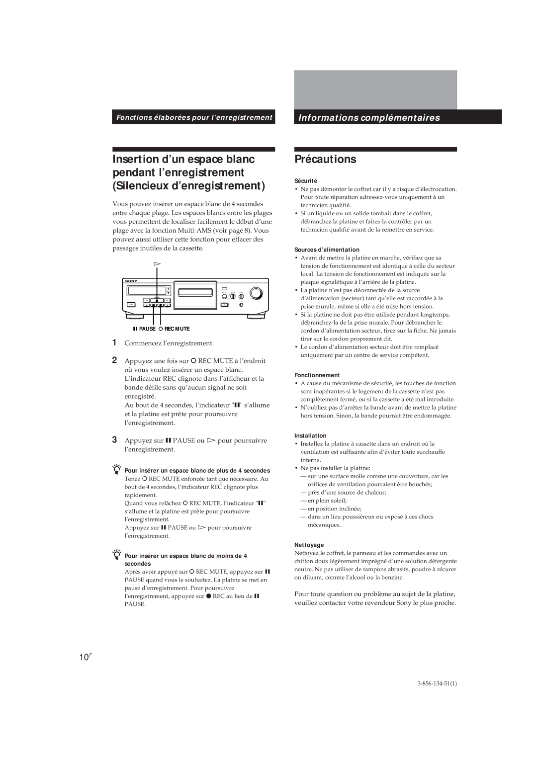 Sony TC-KE300 operating instructions Précautions 