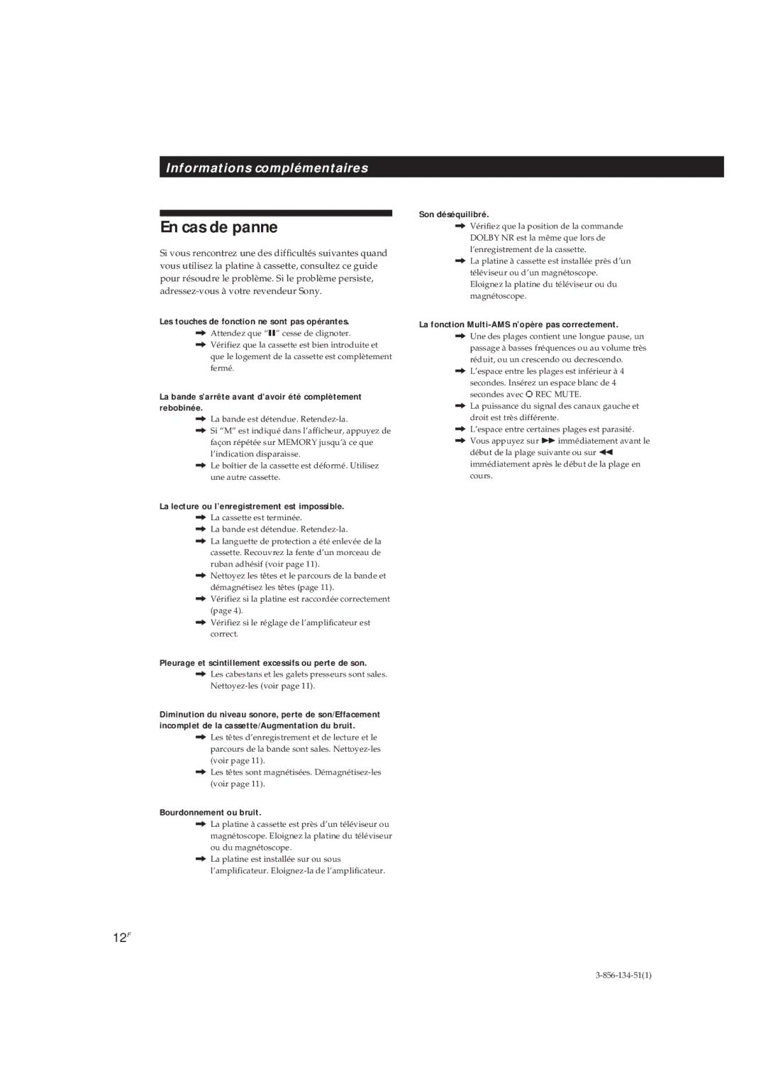 Sony TC-KE300 operating instructions En cas de panne 