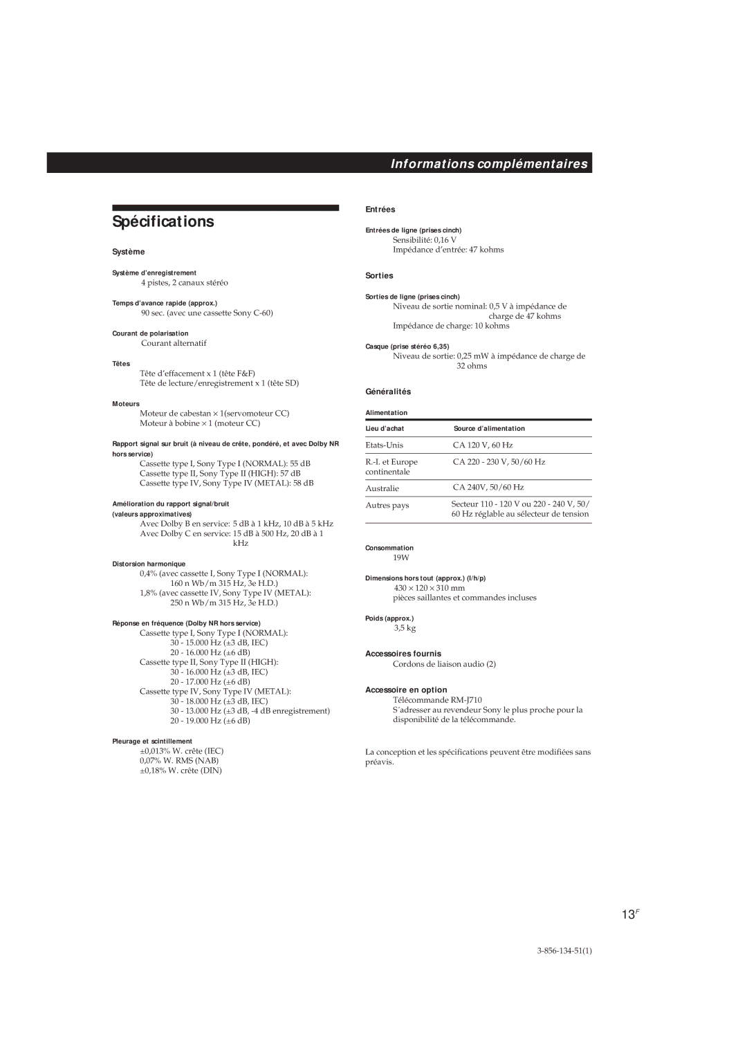 Sony TC-KE300 operating instructions Spécifications 