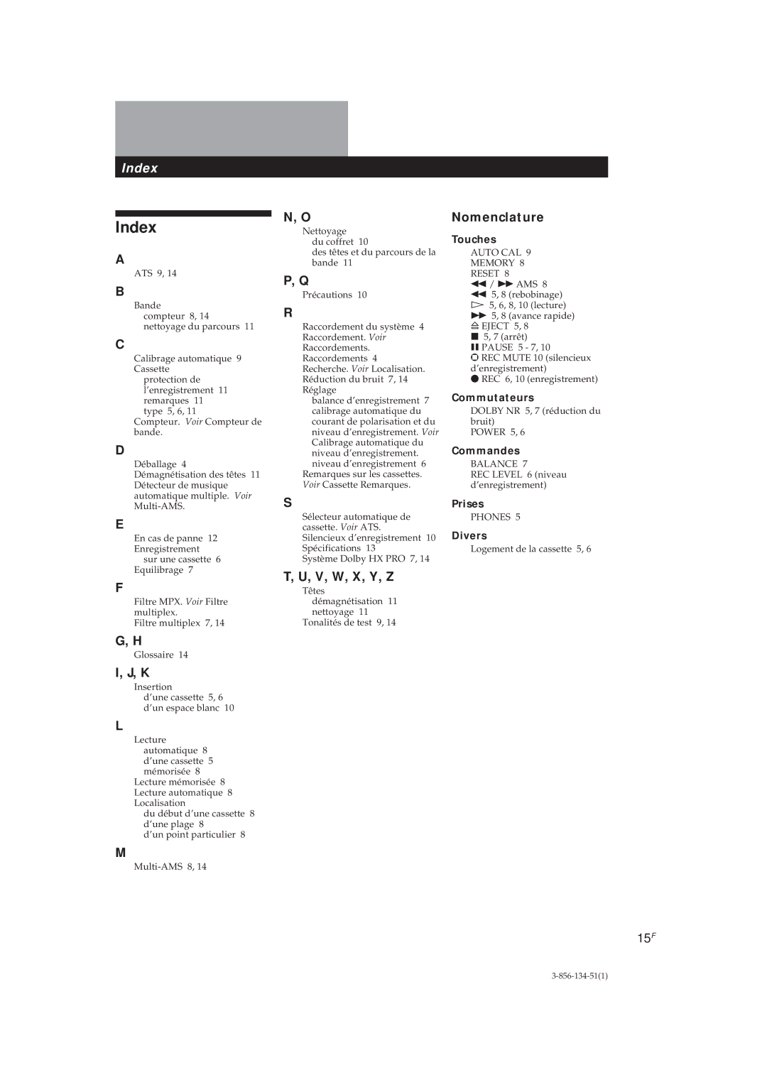 Sony TC-KE300 operating instructions Nomenclature, V, W, X, Y, Z 