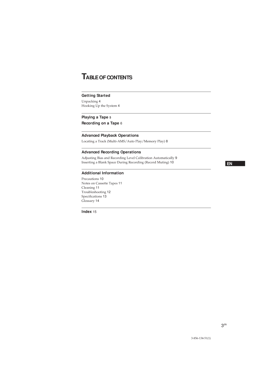 Sony TC-KE300 operating instructions Table of Contents 