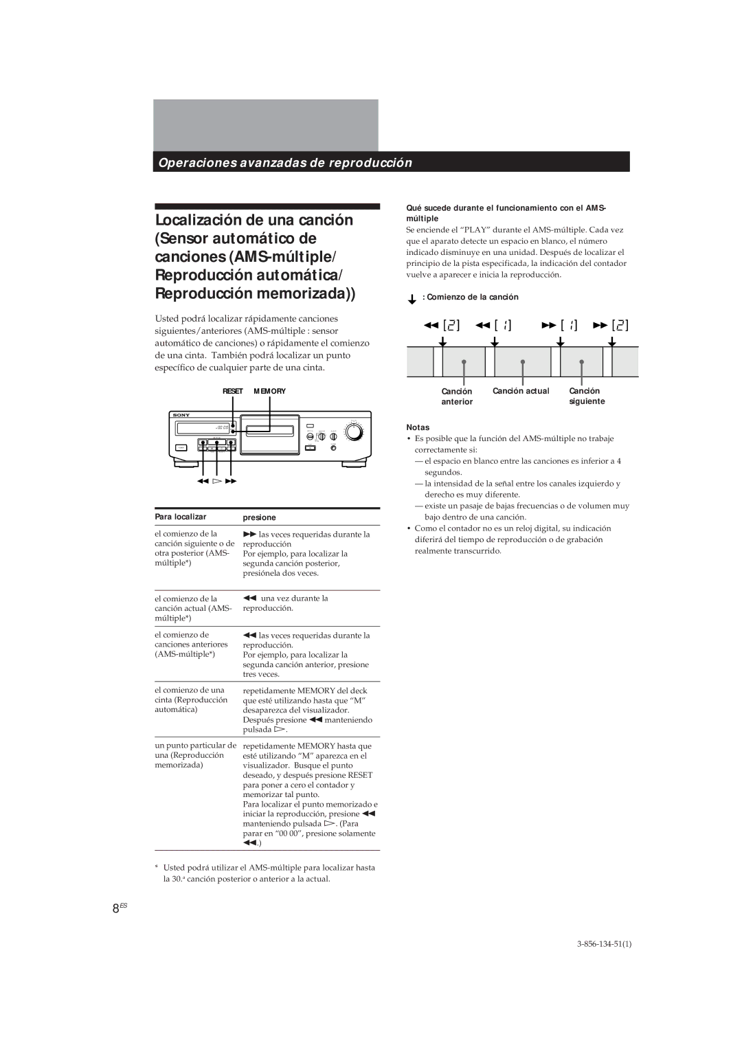Sony TC-KE300 Para localizar Presione, Qué sucede durante el funcionamiento con el AMS- múltiple, Notas 