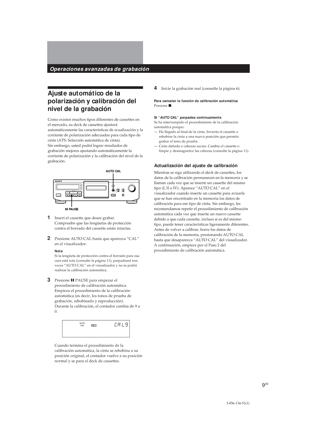 Sony TC-KE300 Actualización del ajuste de calibración, Nota, Para cancelar la función de calibración automática 