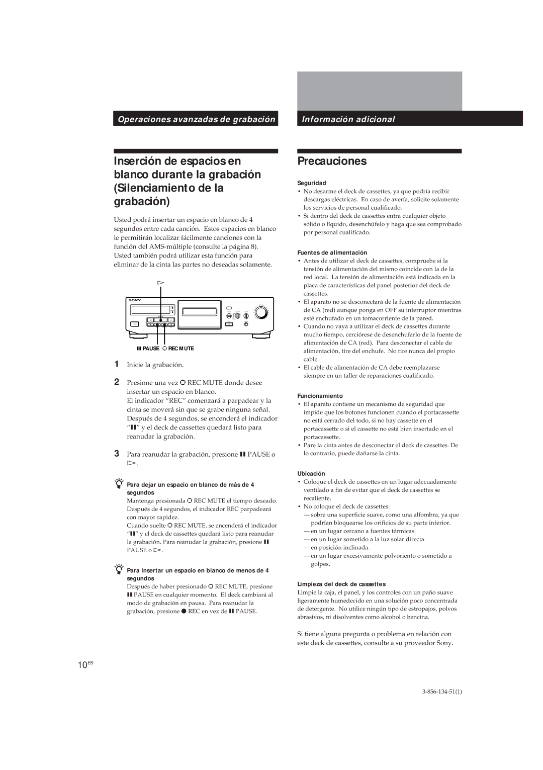 Sony TC-KE300 operating instructions Precauciones 