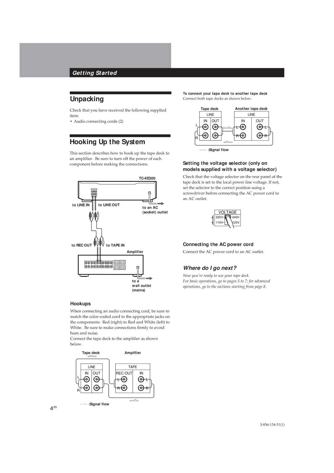 Sony TC-KE300 operating instructions Unpacking, Hooking Up the System, Hookups, Connecting the AC power cord 