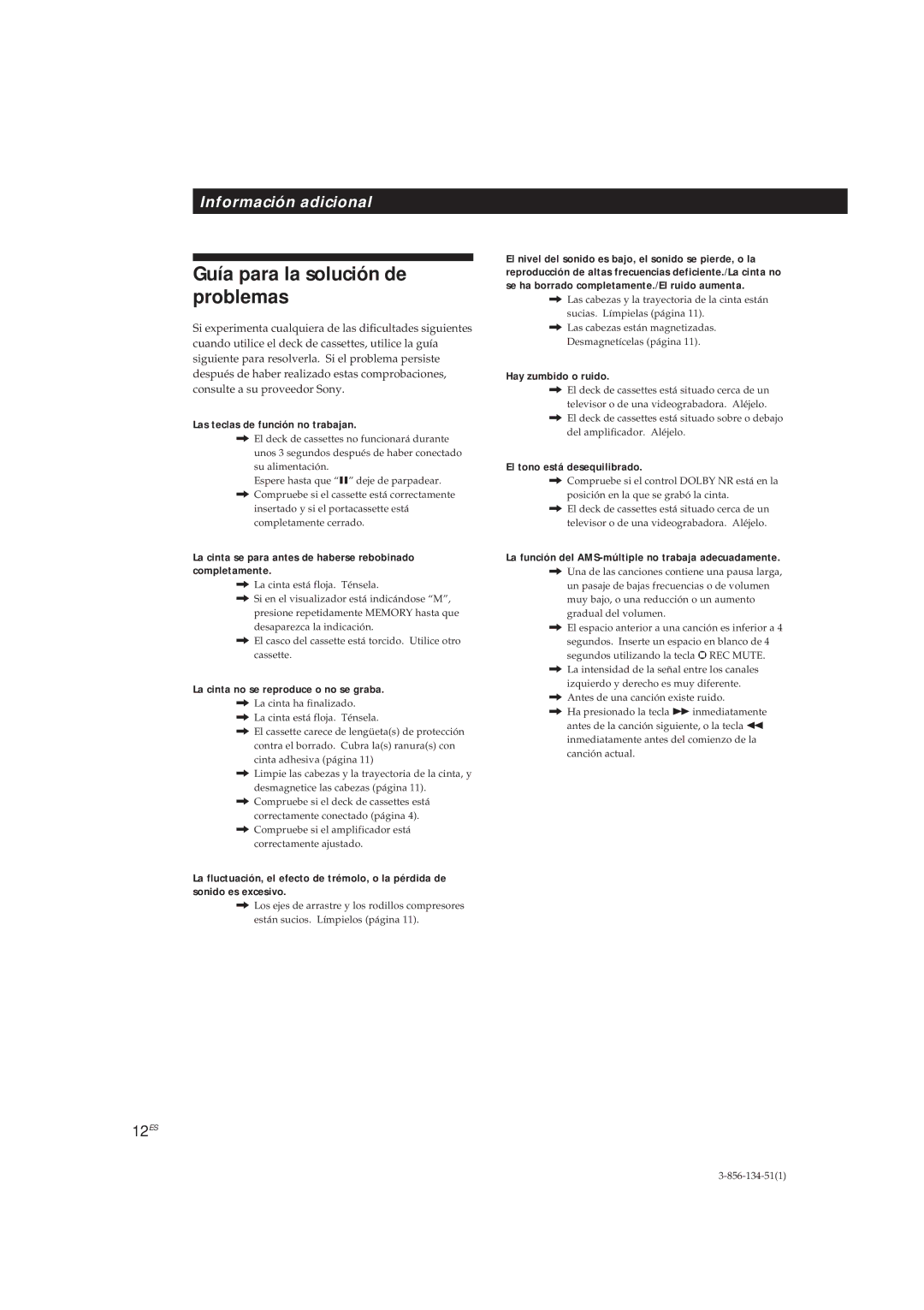 Sony TC-KE300 operating instructions Guía para la solución de problemas 