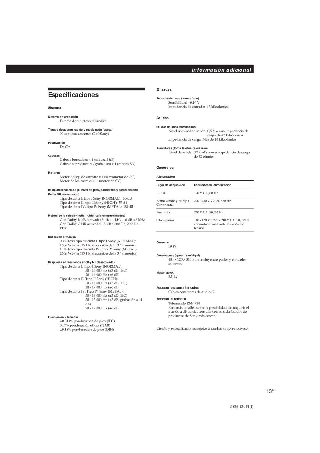 Sony TC-KE300 operating instructions Especificaciones 