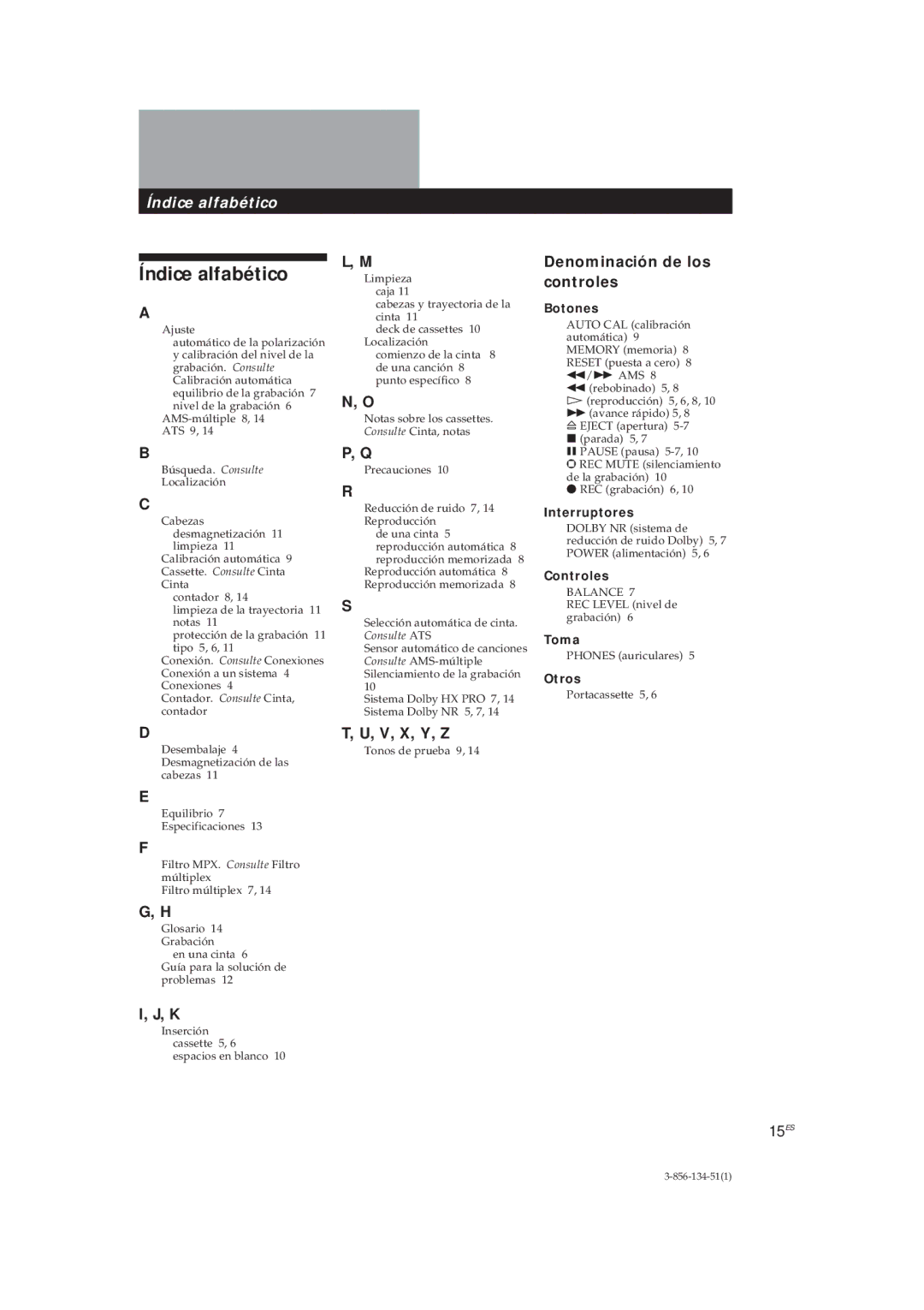 Sony TC-KE300 operating instructions Índice alfabético, Denominación de los controles, V, X, Y, Z 