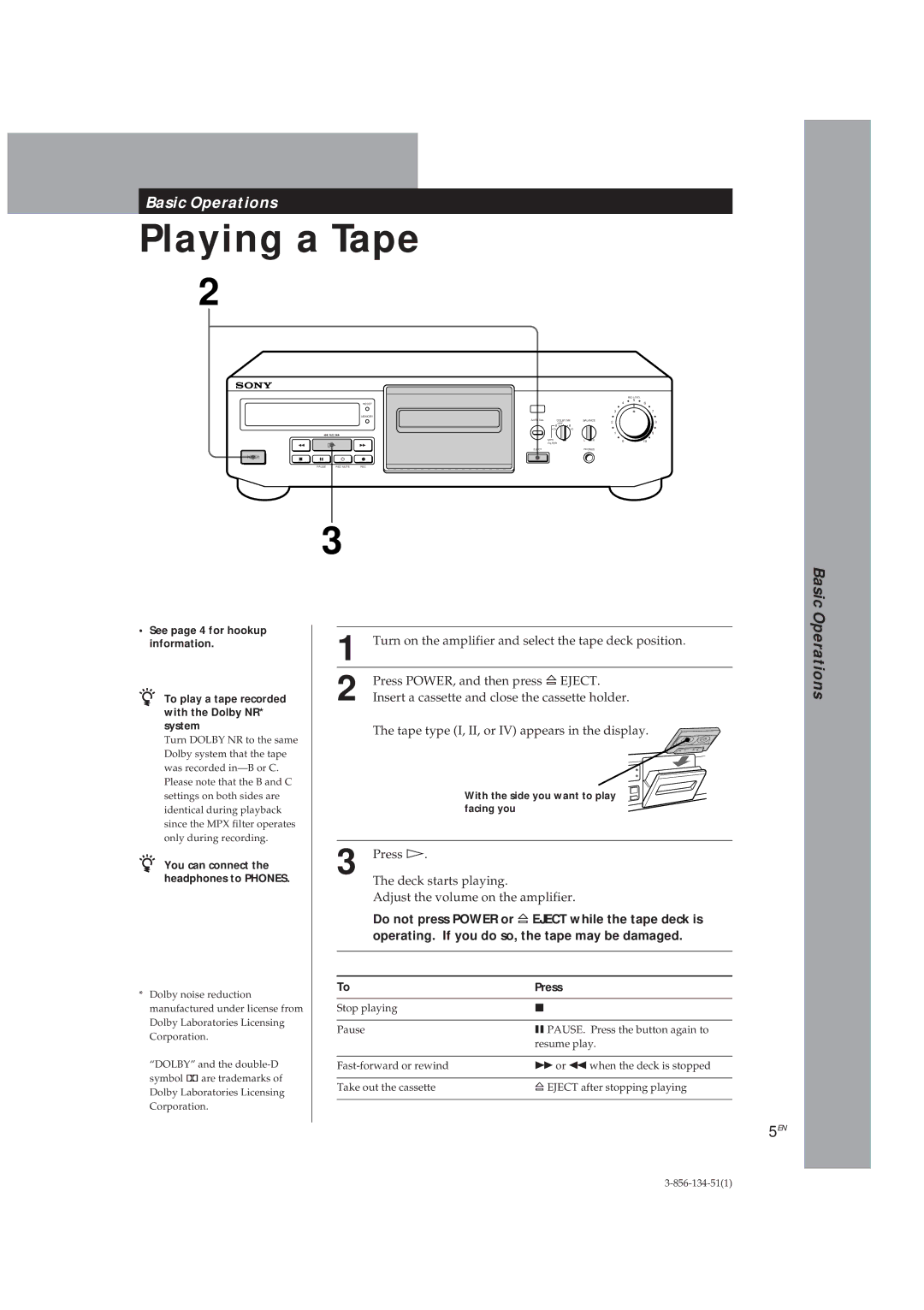 Sony TC-KE300 operating instructions Playing a Tape, Press 