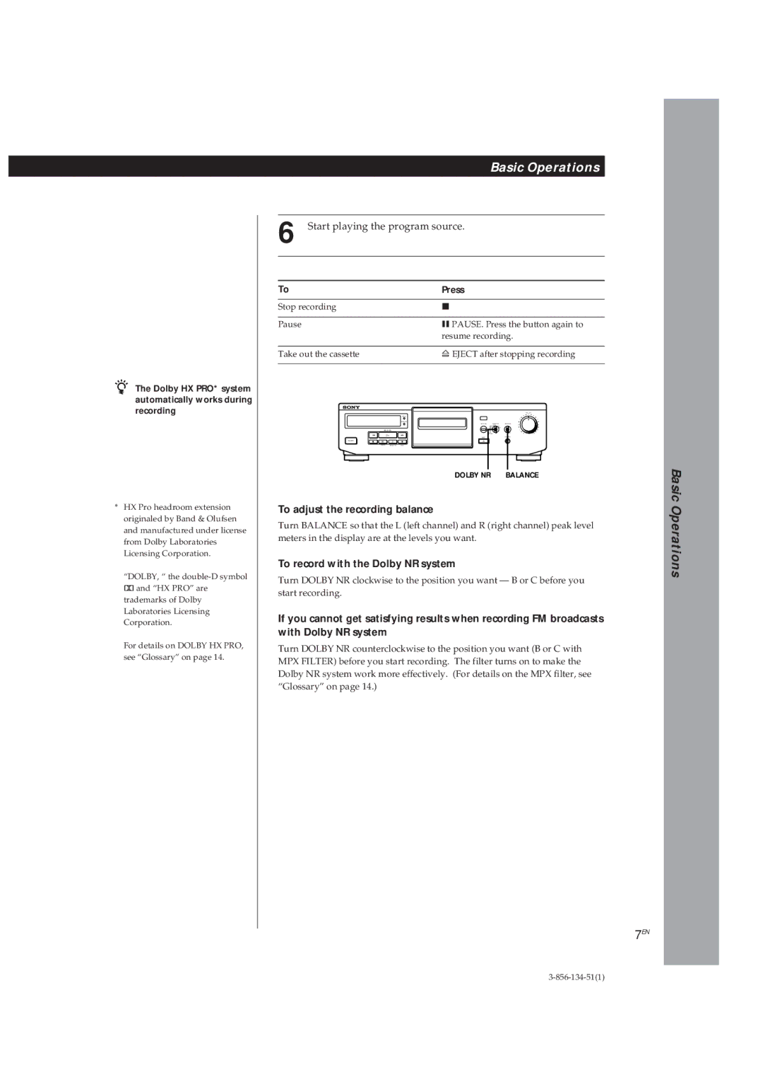 Sony TC-KE300 operating instructions To adjust the recording balance, To record with the Dolby NR system 