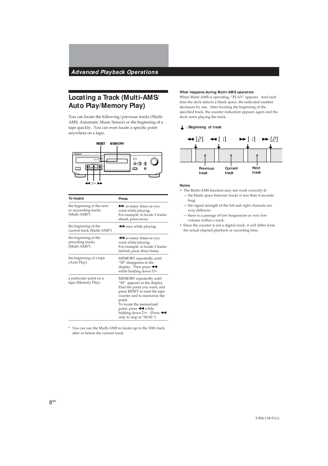 Sony TC-KE300 operating instructions To locate Press, What happens during Multi-AMS operation 