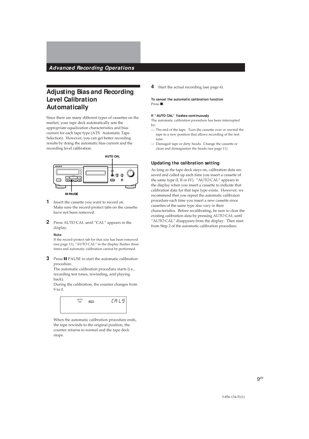 Sony TC-KE300 operating instructions Updating the calibration setting, To cancel the automatic calibration function 