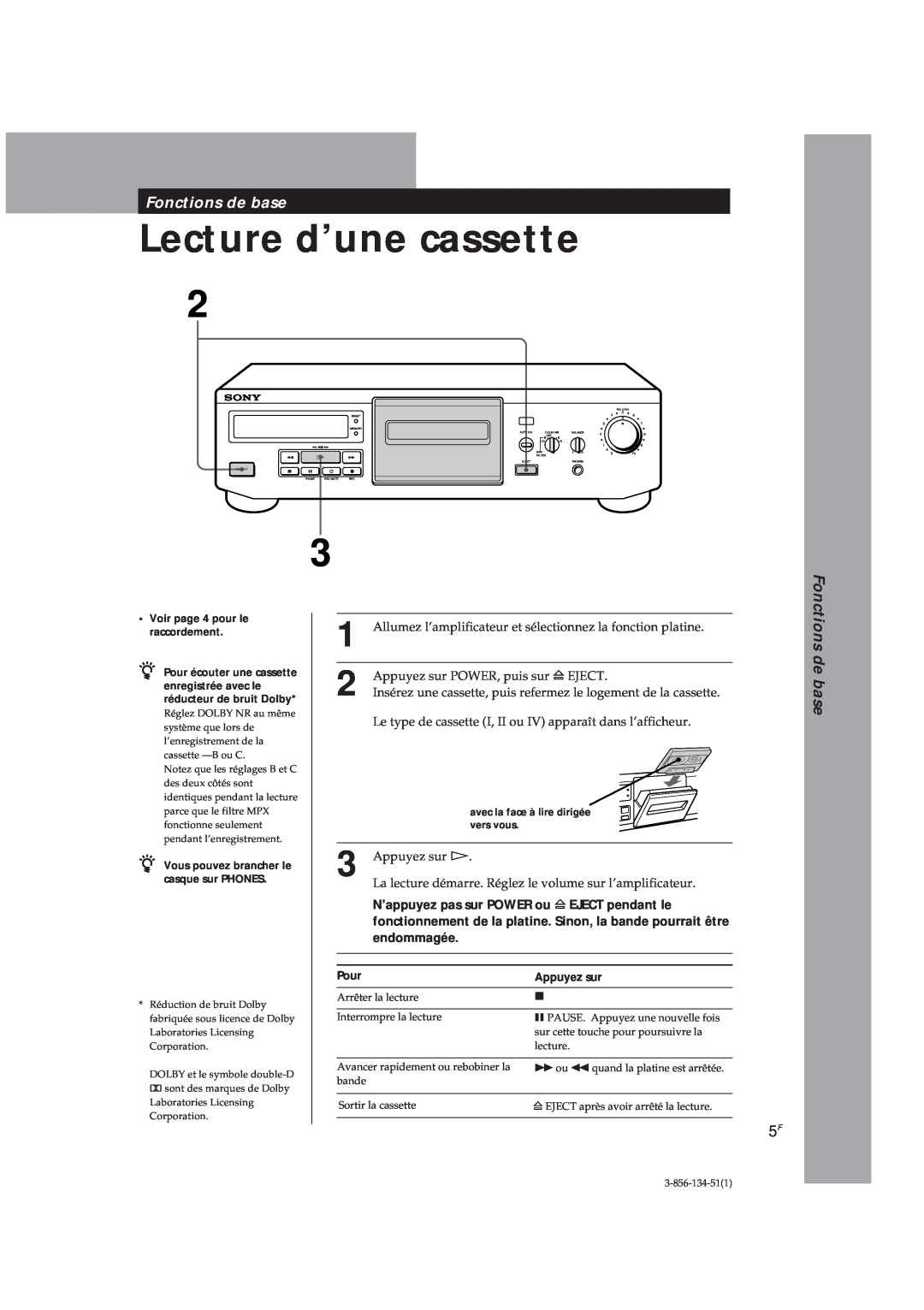 Sony TC-KE300 operating instructions Lecture d’une cassette, Fonctions de base 
