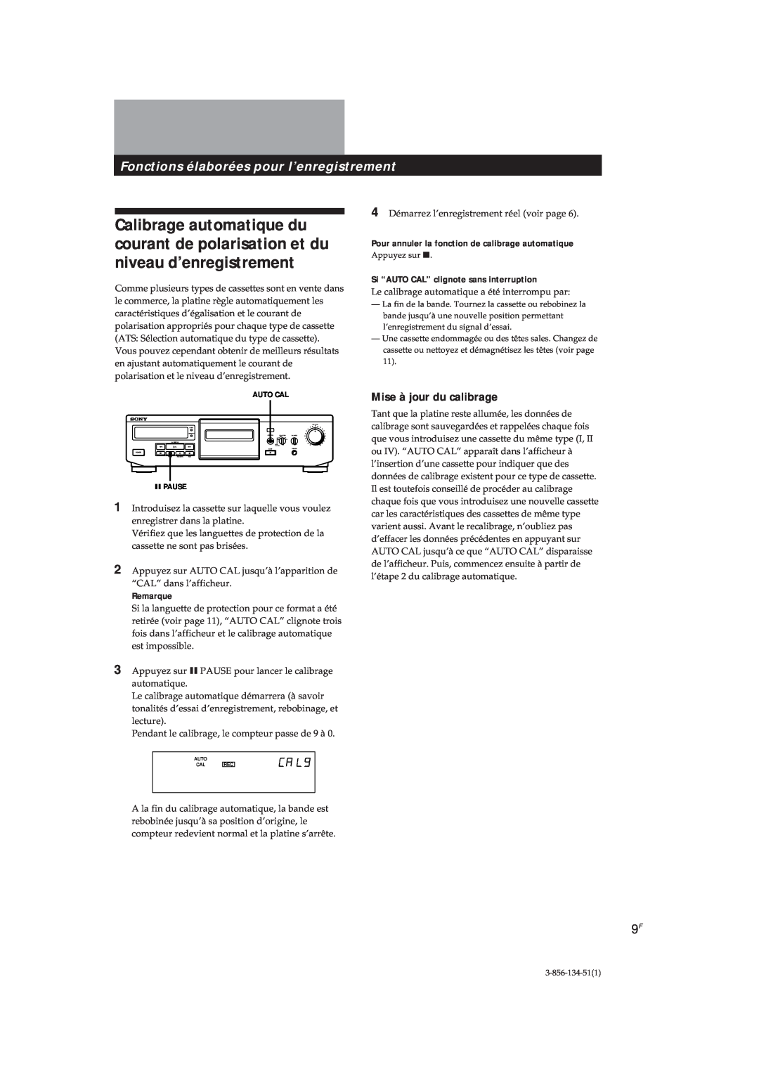 Sony TC-KE300 operating instructions Fonctions élaborées pour l’enregistrement, Mise à jour du calibrage, Remarque 