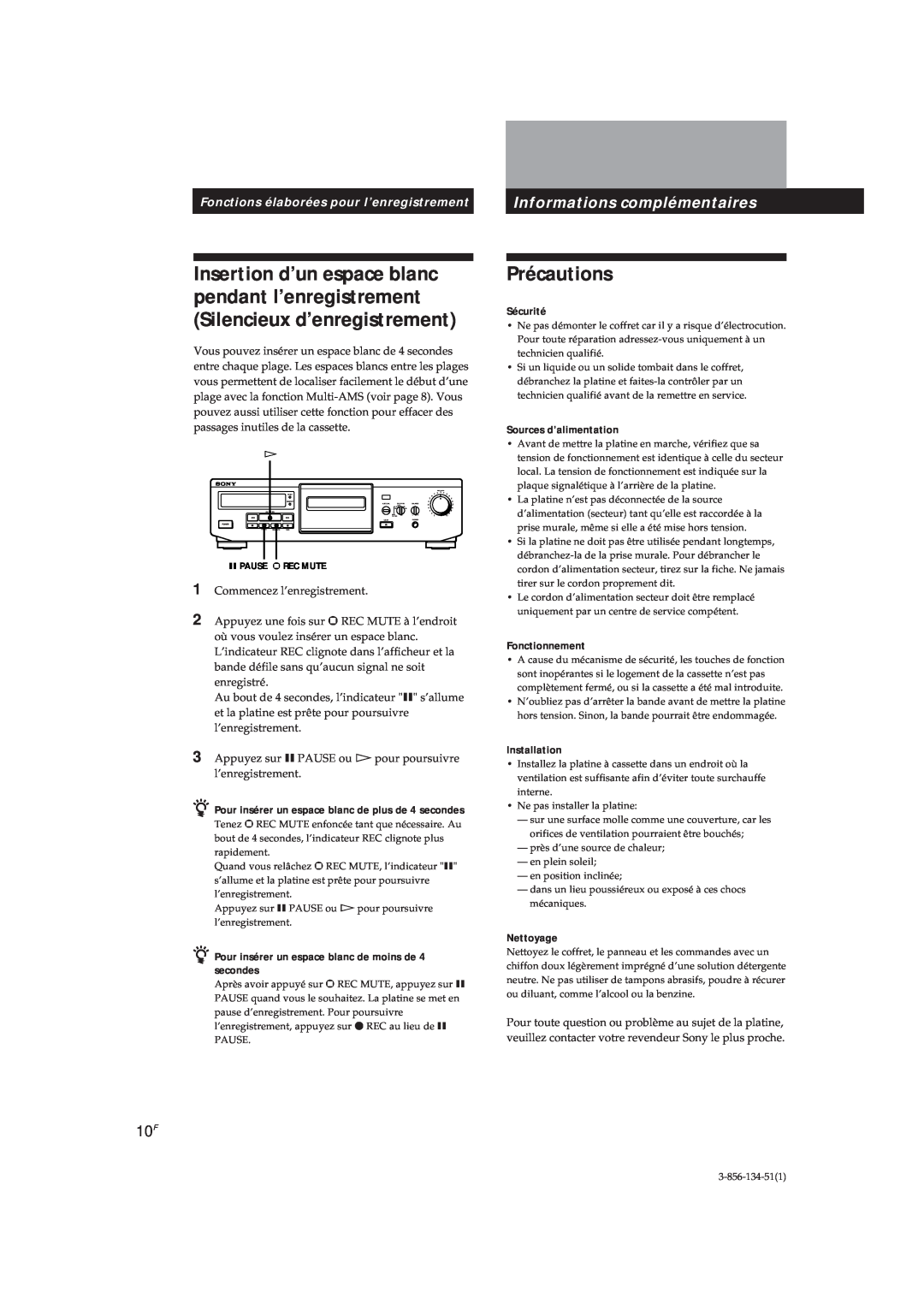 Sony TC-KE300 Précautions, Informations complémentaires, Fonctions élaborées pour l’enregistrement, Sécurité, Installation 