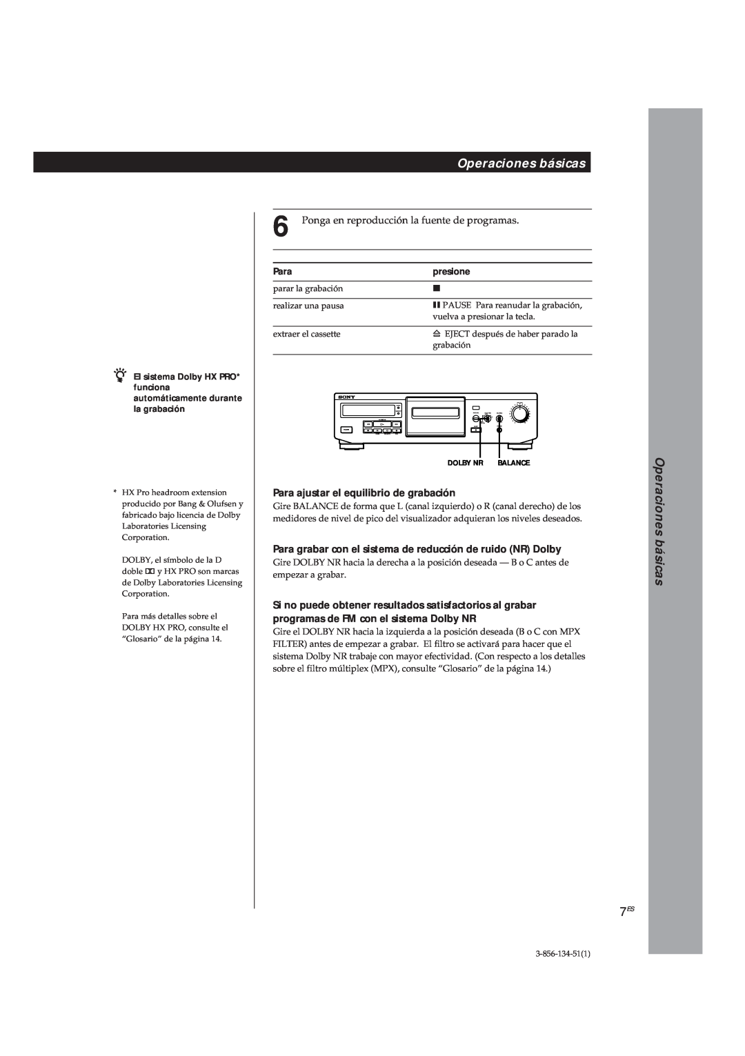 Sony TC-KE300 operating instructions Para ajustar el equilibrio de grabación, Operaciones básicas 