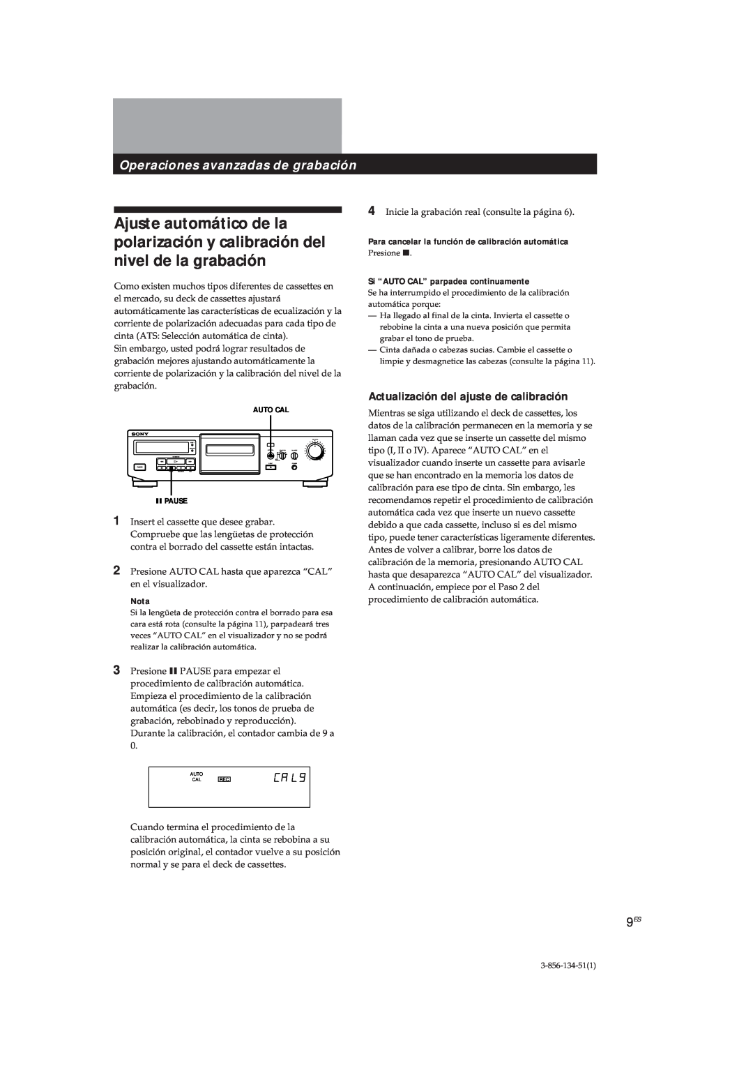 Sony TC-KE300 operating instructions Actualización del ajuste de calibración, Nota, Si “AUTO CAL” parpadea continuamente 