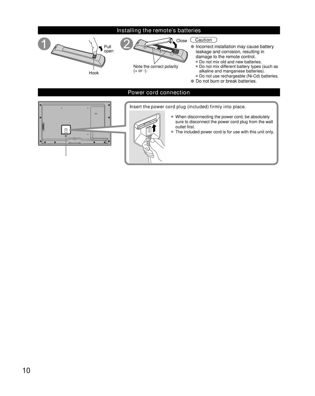 Sony TC-L42E5, TC-L32E5, TC-L37E5 Installing the remote’s batteries, Power cord connection, Do not burn or break batteries 