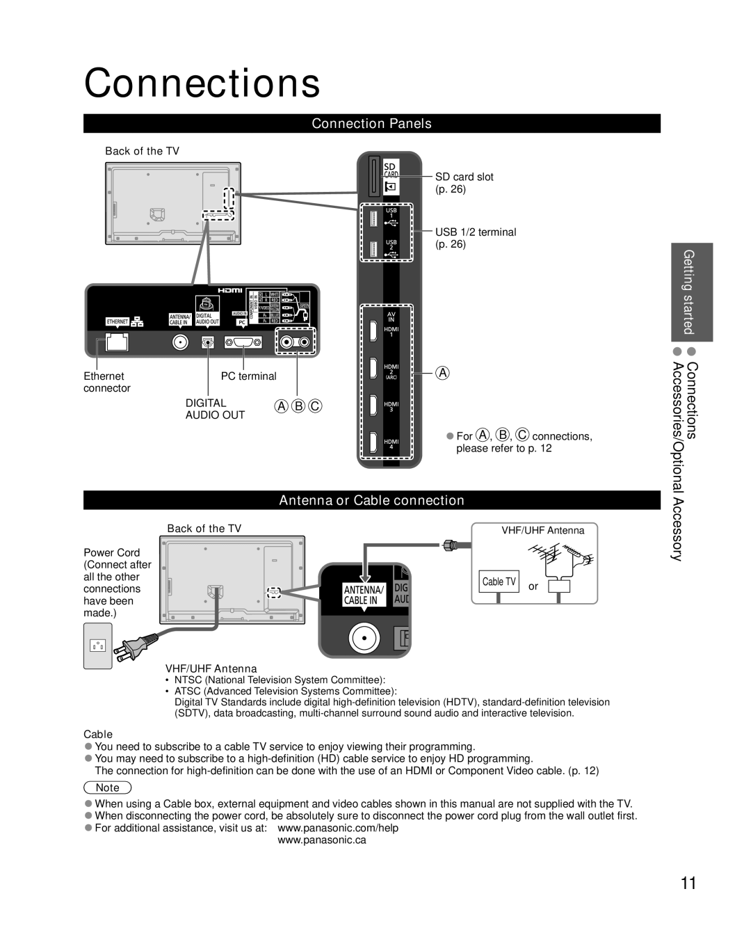 Sony TC-L47E5, TC-L32E5, TC-L37E5, TC-L42E5 Connections, Accessory, Connection Panels, Antenna or Cable connection 