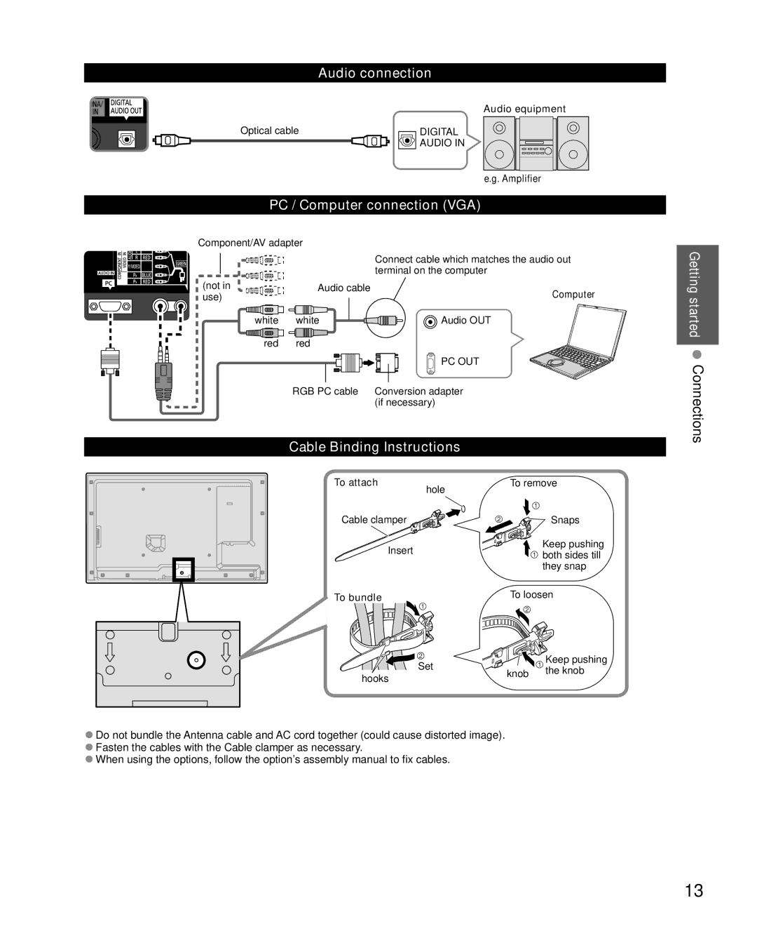 Sony TC-L37E5, TC-L32E5 Connections, Audio connection, PC / Computer connection VGA, Cable Binding Instructions, Started 