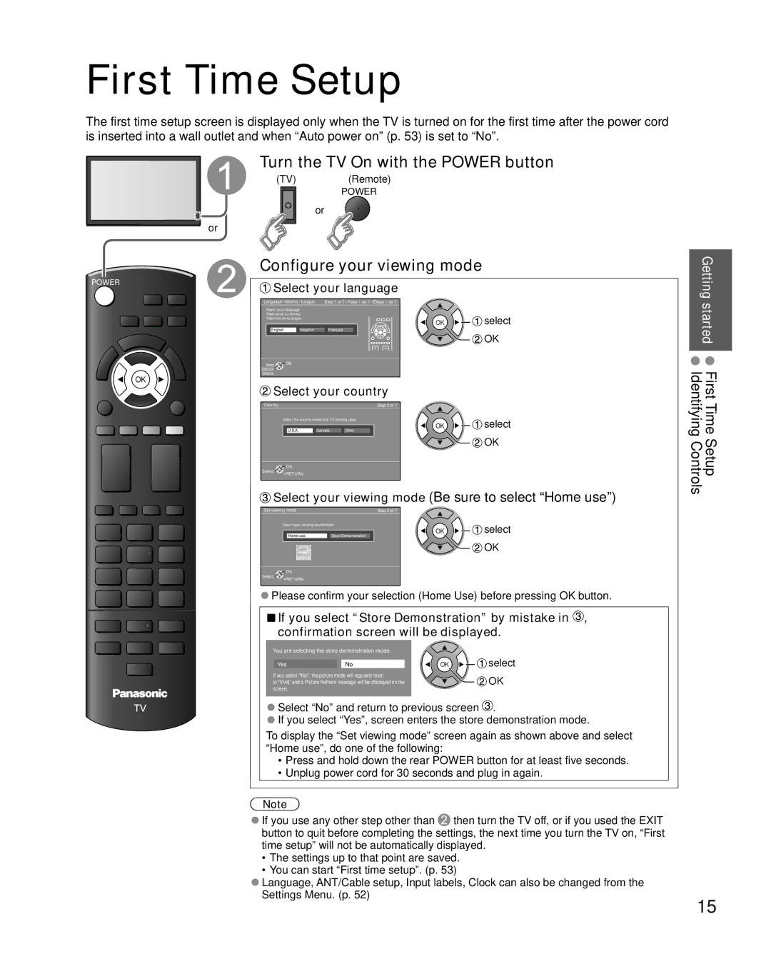 Sony TC-L47E5 First Time Setup, Turn the TV On with the Power button, Configure your viewing mode, Select your language 