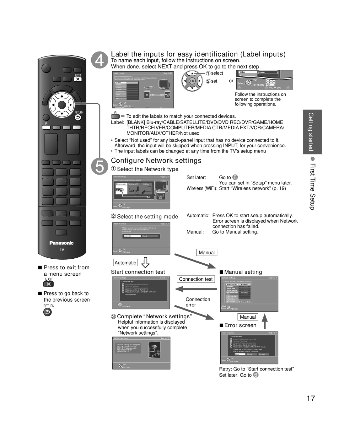 Sony TC-L37E5, TC-L32E5 Label the inputs for easy identification Label inputs, First Time Setup, Select the Network type 