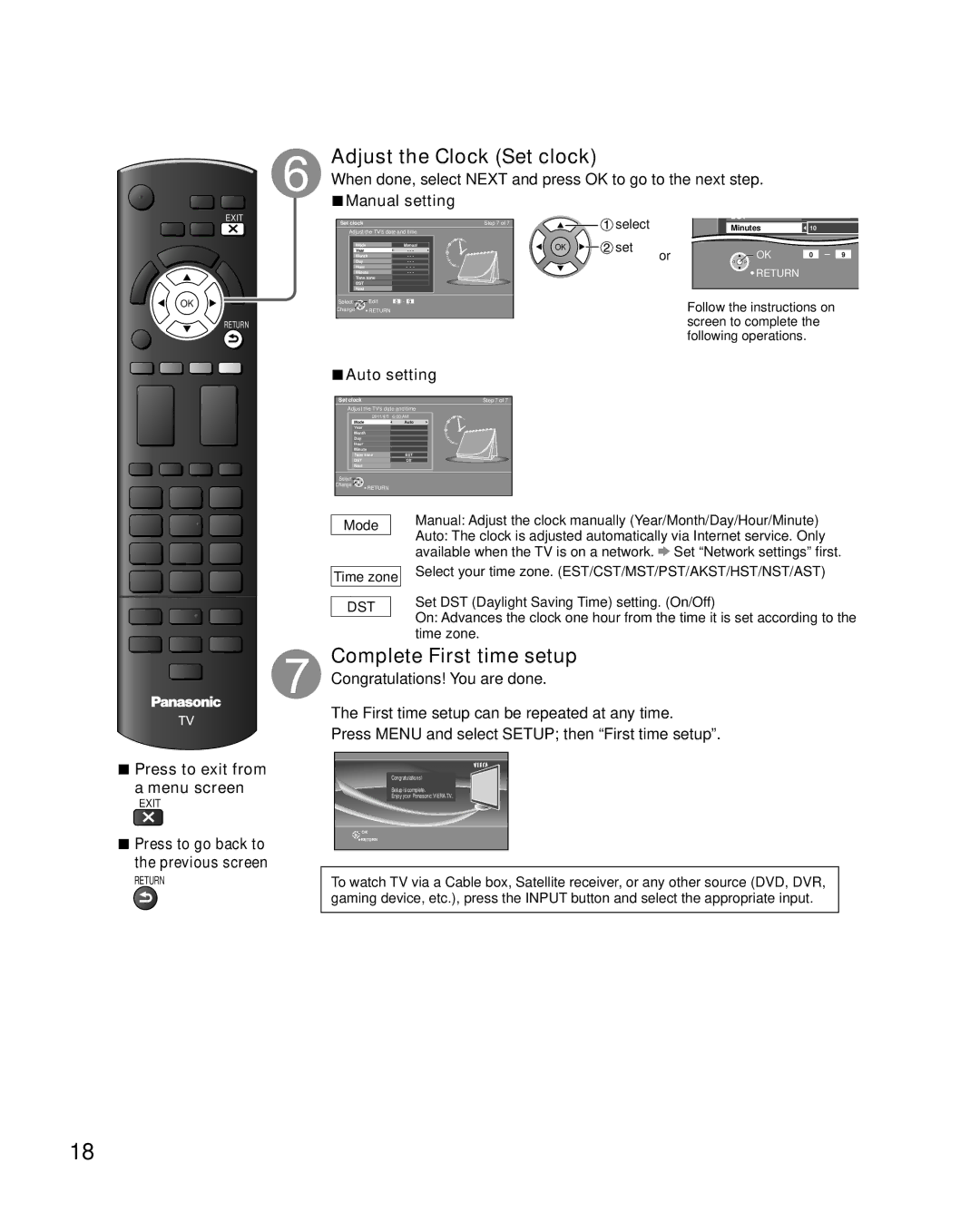 Sony TC-L42E5, TC-L32E5, TC-L37E5, TC-L47E5 owner manual Adjust the Clock Set clock, Complete First time setup, Auto setting 