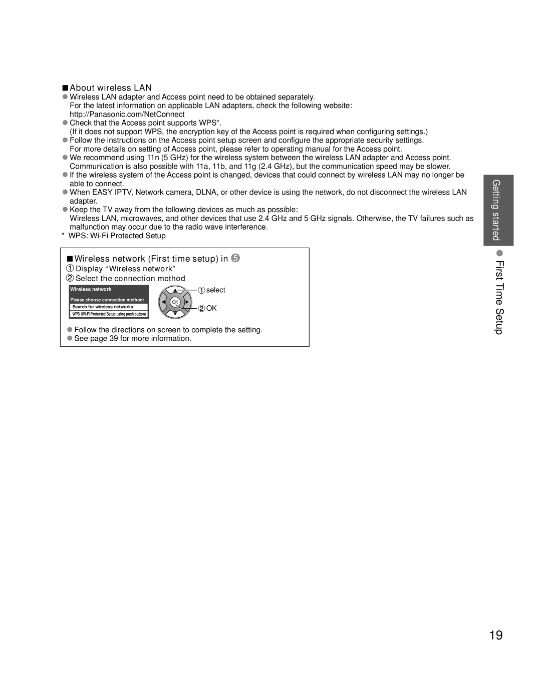 Sony TC-L47E5, TC-L32E5, TC-L37E5 About wireless LAN, Wireless network First time setup, Getting started First Time Setup 