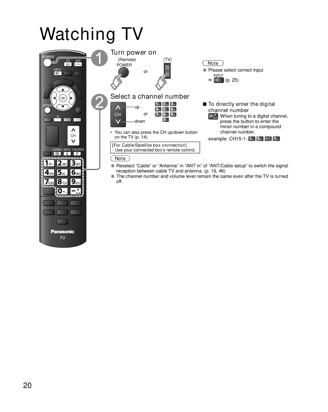 Sony TC-L32E5, TC-L37E5 Watching TV, Turn power on, Select a channel number, To directly enter the digital channel number 